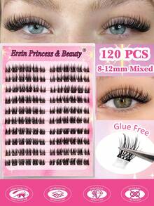 120片免胶C型卷翘自粘假睫毛簇，蓬松自然，8-12mm混合长度套装，免胶蓬松单根假睫毛，自粘式DIY假睫毛嫁接，预涂胶簇状假睫毛，自然纤长C型卷翘睫毛簇，无需胶水，无需卸妆，假睫毛 - C - 查看 3