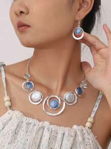 1pc Necklace 1 Pair Earrings Fashion Concentric Circle Jewelry Set, Bohemian Retro Unique Elegant Minimalist Blue Enamel Zinc Alloy, Suitable For Women Daily Wear, Party, Beach Holiday, Ideal Gift
