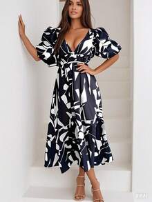 Vestido Largo De Flores,Vestido Largo Casual Mujer,Vestido de mujer con estampado floral, cuello en V cruzado y cintura anudada,Elegante y versátil, apropiado para vacaciones, exposiciones de arte, trayectos, casual, fiestas, playa, picnics al aire libre - Negro - Ver 9