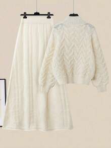 大码两件套：纯色灯笼袖毛衣和针织裙，秋冬 - 白色 - 查看 3