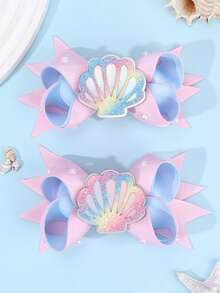 2 件女孩海洋主题发夹蝴蝶结，渐变闪光贝壳/海星饰物和白色珍珠装饰，缎带蝴蝶结，航海时尚发饰，适合海滩度假/夏日派对/泳池日 - 彩色 - 查看 13
