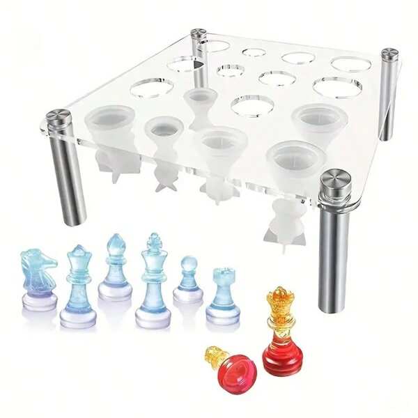 16 piezas Molde de silicona para piezas de ajedrez de resina epoxi, con soporte fijo para evitar fugas de resina, molde de 16 piezas de ajedrez de tamaño completo en 3D y molde de tablero de ajedrez de resina, para manualidades de DIY y fabricación de tableros de ajedrez
