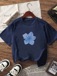 新款女士柔软百搭休闲印花圆领T恤，适合春夏穿着，时尚休闲服饰 - 藏蓝色 - 查看 5