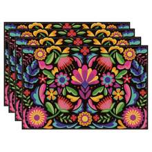 4pcs Mexican Flower Placemats For Dining Table, Floral Decoration Washable Table Mat, Home Decor, Holiday Supplies 32*42cm