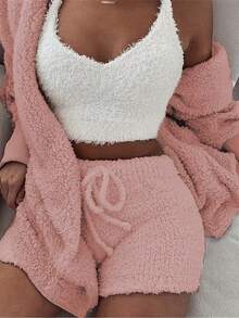 3pcs Womens Clothing Long Sleeve Crop Tank Top And Drawstring Shorts Pajama Set - Pink Color - View 2