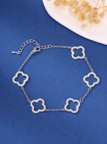 1pc Lucky 18K Gold Plated Hollow Clover Bracelets For Women Golden-Tone Cubic Zirconia Paved Stainless Steel Chains Copper Band Bangle For Party And Daily Wear