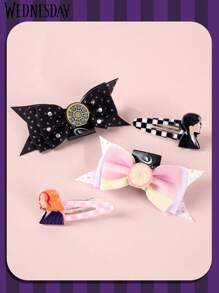 Netflix 1/4 Piezas Oficialmente con licencia de Netflix Wednesday Clips de pelo lindos y elegantes con patrón de personaje de anime en forma de lazo, clips para el cabello lateral, accesorios de pelo para mujeres adecuados para festival, Navidad, fiesta de cumpleaños, decoraciones y regalos de fiesta