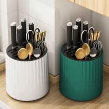 1 Set Rotating Knife Holder, Kitchen Knife & Utensil Storage Rack With Cup Holder, 360° Swivel