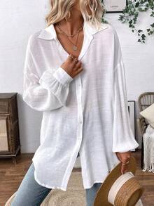 女士纯白色亚麻质感薄纱长袖宽松休闲衬衫，适合音乐节、科切拉派对、年轻女孩休闲穿着、海滩度假和夏季日常通勤 - 白色 - 查看 8