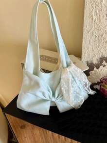 University & High School Students Bowknot Canvas Tote Bag, Ins Korean Style Big Capacity Shoulder Bag For Back To School Season - Blue - View 3