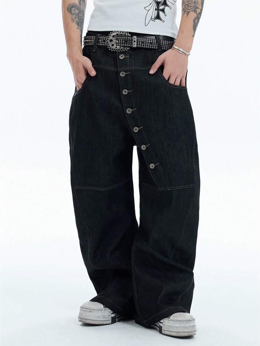 Hearty Haven 1pc American Retro Design Patchwork Button Wide Leg Men's Washed Casual Loose Denim Jeans - No Belt & Accessories - Black - View 1