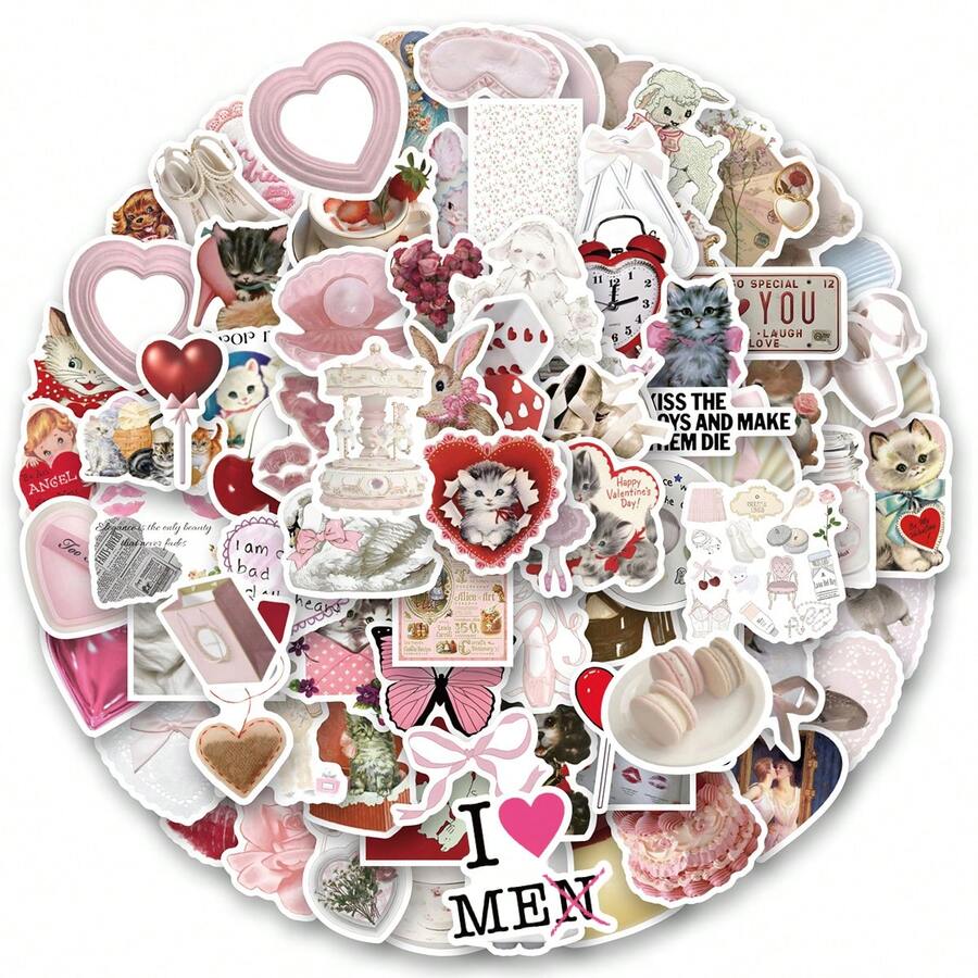 120PCS Coquette Stickers Vinyl Aesthetics Stickers For Scrapbooking, Diary, Laptop, Bumper, Skateboard, Water Bottle, Computer, Phone, Cartoon, Hard Hat, Car Stickers And Decals - Multicolor - View 1