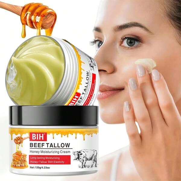 BIH Tallow & Honey Moisturizing Cream, Grass-Fed Tallow + Wild Honey, Natural Hydration, Contains Niacinamide, Brightens Complexion, Creamy Texture Absorbs Quickly, Suitable For All Skin Types