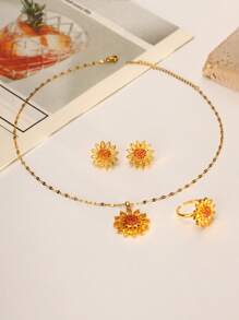 Juego de joyas para mujer de 4 piezas [Aretes, Collar, Anillo] de girasol dorado, material de cobre con circonita, lujoso y de moda, personalizado, adecuado para playa, vacaciones y fiestas de la mujer, regalo de joyería para temporada de graduación