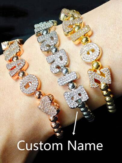 1 Pc Personalized Name Beaded Chain Zirconia Letter Adjustable Elastic Cord Bracelet, Custom Beaded Wrist Rope, Elegant Daily Wear Accessory, Gift For Women On Valentine's Day, Mother's Day, Christmas
