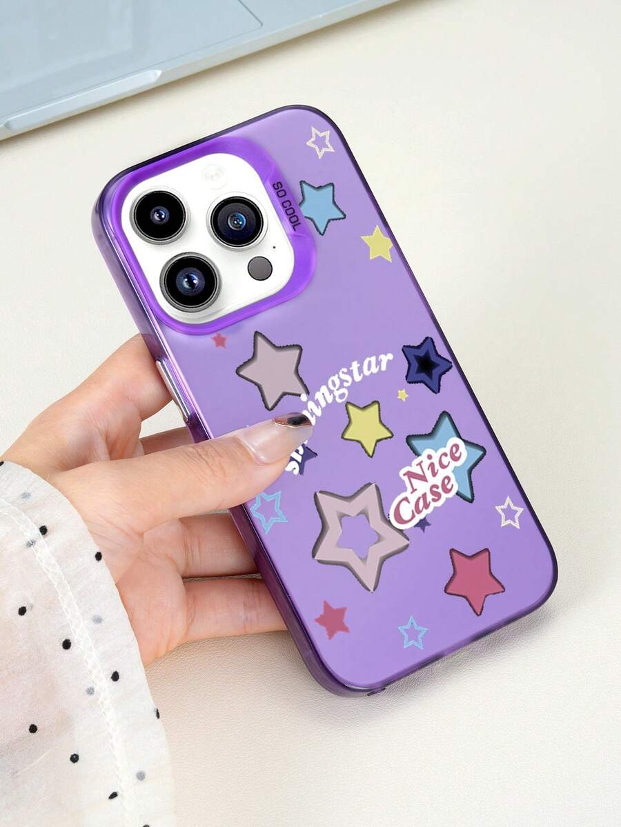 1pc Stars, Text, Purple Pattern Silver Laser Mobile Phone Case, Laser IMD Mobile Phone Case, Suitable For All Models Of Apple Mobile Phone Cases, Can Be Used For Apple 11/12/13/14/15/16/Pro/Plus/Pro Max/16e Mobile Phone Cases - 紫色 - 查看 1