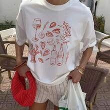 Wo Retro Style Italian Seafood Print T-Shirt Vintage Aesthetic Oyster Lobster Cute Foodie Shirt Loose Vacation Tops220G Pure Cotton T-Shirt - Perfect For Morning Runs, Workouts, Breathable And Comfortable, The I Gift For Fitness Enthusiaststops For Wo, Clothes Wo,Vintage,Vintage Clothes Wo,Cotton,Summer Clothes Wo,Summer Tops Wo, Mujer, For Wo,Cute,Goth,Inawly,Red White And Blue,Camia,Ry,Ing,Graphics Woman T Shirts,Retro,Embroidered,Casual,Tops,Graphic S,Graphic S Wo,Musera,Beach,S - trắng - Xem 1