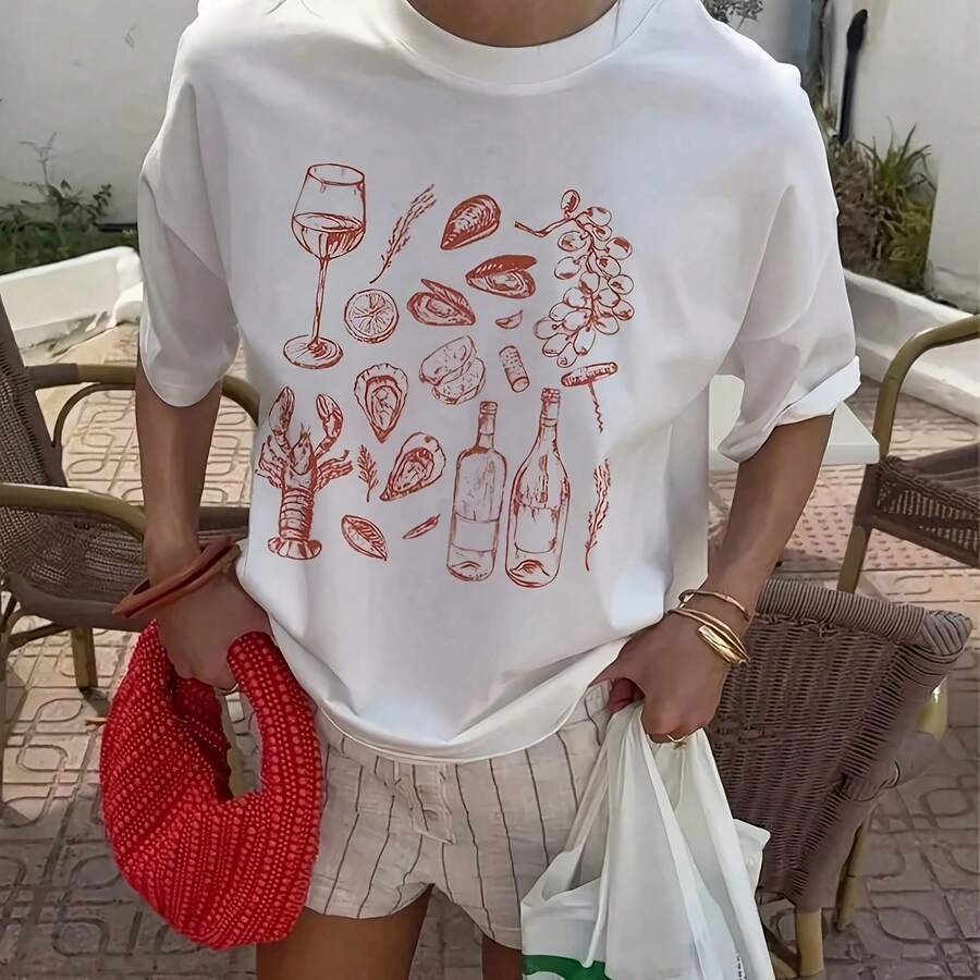 Wo Retro Style Italian Seafood Print T-Shirt Vintage Aesthetic Oyster Lobster Cute Foodie Shirt Loose Vacation Tops220G Pure Cotton T-Shirt - Perfect For Morning Runs, Workouts, Breathable And Comfortable, The I Gift For Fitness Enthusiaststops For Wo, Clothes Wo,Vintage,Vintage Clothes Wo,Cotton,Summer Clothes Wo,Summer Tops Wo, Mujer, For Wo,Cute,Goth,Inawly,Red White And Blue,Camia,Ry,Ing,Graphics Woman T Shirts,Retro,Embroidered,Casual,Tops,Graphic S,Graphic S Wo,Musera,Beach,S - trắng - Xem 1