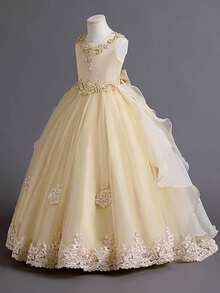 Flower Girl Dress Princess Puffy Tulle Dresses Bridesmaid Wedding Birthday Party Pageant Maxi Prom Gown For Kids - 香檳色 - 查看 2
