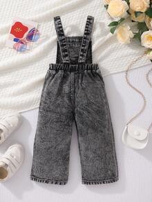 New Style Baby/Toddler Girls Distressed Denim Embroidered Casual Versatile Overalls - Black - View 6