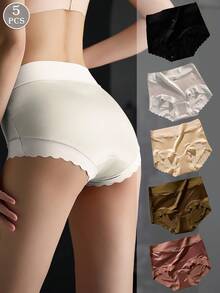 5条装女士无痕缎面中腰荷叶边桑蚕丝裆部提臀内裤