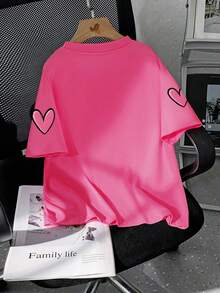 Camiseta de cuello redondo con estampado de postre dulce y corazón, top casual suave y cómodo para adolescentes, verano - Rosa Fucsia - Ver 3