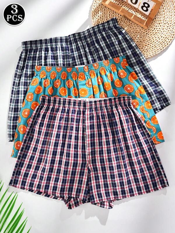 3 Packs Men's Multicolor Briefs Plaid Printed Stylish Comfort Boxer Briefs