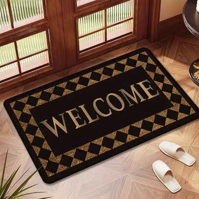 1pc "Welcome" Pattern Printed Non-Slip Linen Rug, Kitchen Mat, Bathroom Mat, Doormat, 3D Rectangular Carpet For Living Room, Bedroom, Hallway, Bathroom, Laundry Room - Polyester, Indoor Outdoor Home Decor
