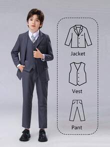 Boys Suits Stripe 3-Pieces Suit Set Toddler Tuxedos Dresswear Ring Bearer Outfit Wedding Blazer Vest Pants Formal Suits For Kids Grey Size 6-14Y