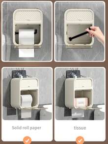 壁挂式双层卫生纸架带抽屉 - 无需钻孔，防水，多功能浴室纸巾盒，自粘式塑料设计，适合返校浴室配件