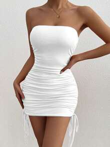 2026 New European And American Style Sexy Ruched Drawstring Side Bodycon Tube Dress, Sexy Sleeveless Strapless Bandeau Mini Sheath Dress, High Stretch Summer Party & Club & Valentine's Day Dating Outfits - 白色 - 查看 5