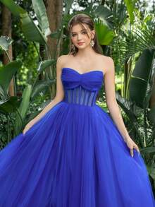 Vestidos de graduación Faeriesty con escote sin tirantes, frente fruncido, Body transparente y falda de tul. Vestido de graduación y fiesta perfecto para volver al colegio, reuniones, bailes y eventos de cóctel - azul real - Ver 7