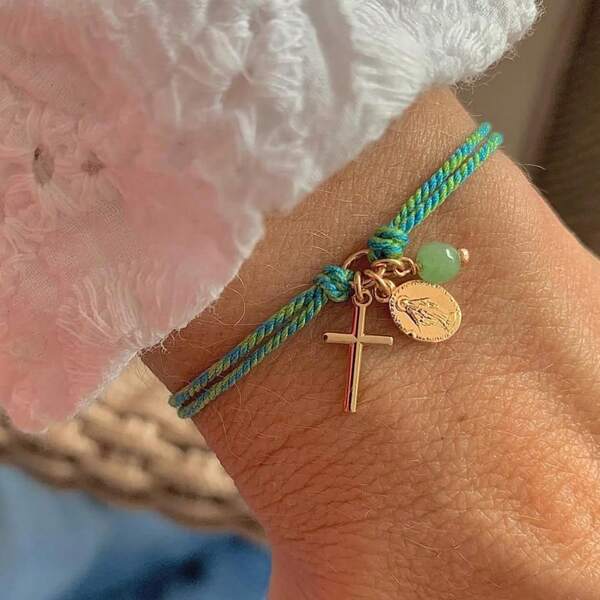 Pulseira de corda ajustável de bronze com meia pedra e cruz boêmia, 1 peça, para mulheres e casais - empilhável, presente para ela, joia cristã