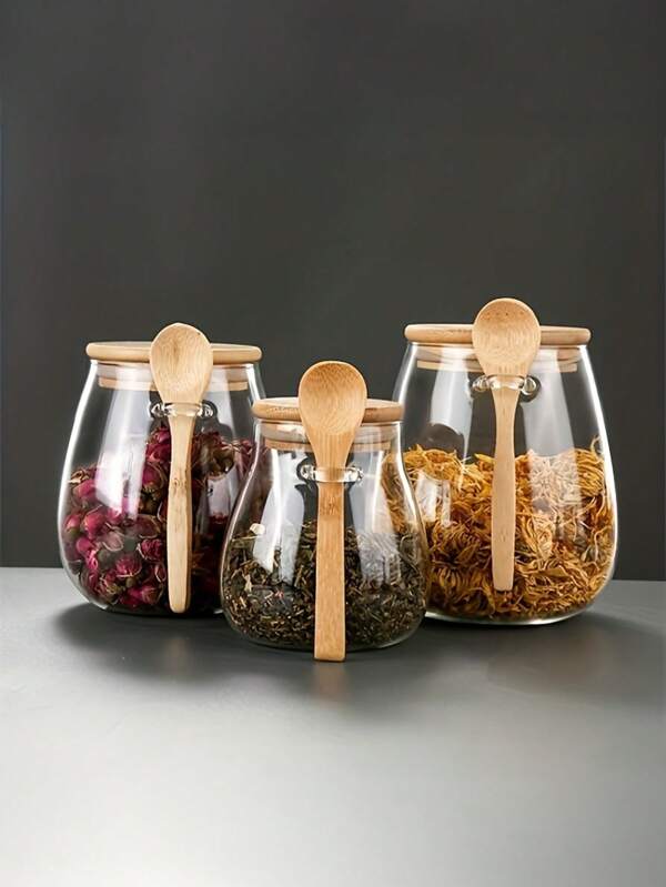 2 Stücke/Set (Glas + Löffel) Luftdichte Glas-Vorratsgläser mit Löffel - ideal für Kaffee, Zucker, Tee, Salz und Gewürze, großartige Küchenorganisation für Zuhause, Restaurant und Food Truck