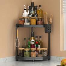 1pc Black Corner Shelf Rack, Stainless Steel Spice Rack, Wall Mount Triangle Storage Stand For Kitchen - Multicolor - View 2