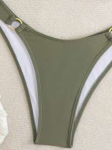 Women Sexy Solid Color Ring Halter Bra & Briefs, 2pcs Bikini Set - Army Green - View 7