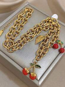 1Pc Golden Sweet & Edgy Cherry Charm Bracelet With Enamel Leaves For Women Girls, 18K Gold Plated Stainless Steel Stackable Chunky Chain, Mom Gift Christmas Thanksgiving Halloween Wedding Rave/Prom/Party/Daily Accessories Gift For Anniversary Valentine's Day Boho Jewelry Birthday Bridesmaid Gifts