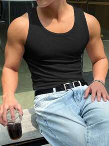 Top canottiera uomo casual vintage con costine, colore unito, stile da strada, sensuale, senza maniche, adatto per primavera/estate