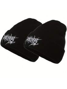 1pc/2pcs Casual Gothic Men's Scar Embroidered Knitted Brimless Face Enhancing Small Knitted Hat, Women's Fashionable Street Skiing Hat, Warm And Versatile Cold Hat, Loose Hat