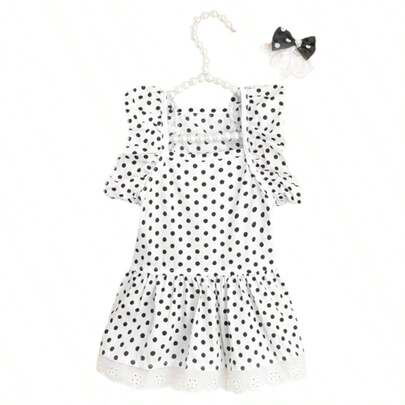 Conjunto de pañuelo con lazo a lunares blancos y vestido, vestido de princesa para perros con encaje transpirable y ligero, adecuado para perros pequeños a grandes, excelente para fiestas de cumpleaños y vacaciones al aire libre
