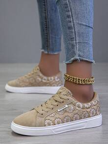 秋冬女士休闲鞋、时尚运动鞋、街头风格轻便滑板鞋 - 卡其色 - 查看 3