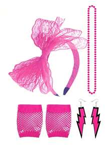 Conjunto de 6 peças de acessórios para fantasias dos anos 80 para mulheres, faixa de cabeça de renda, brincos vintage com relâmpago, luvas e colar, adequado para lhe proporcionar praticidade para se vestir para a maioria das festas de Halloween