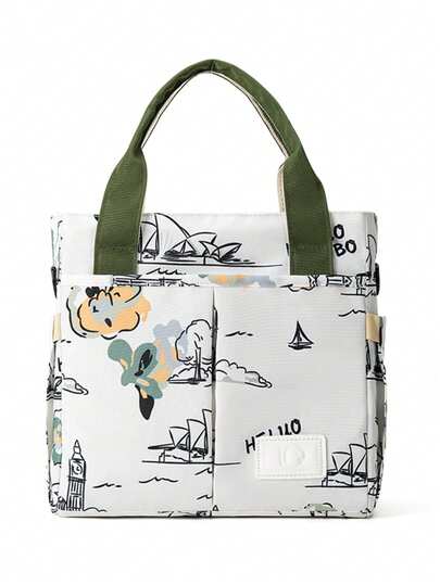 1 件时尚印花防水妈妈包，大容量妈咪手提包，用于婴儿奶瓶保温