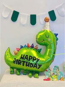 1 Balão de Alumínio em Forma de Dinossauro Coroa Fofa de Desenho Animado, Série de Dinossauros, Acessório para Festa Comemorativa, Aniversário (Com Canudo)