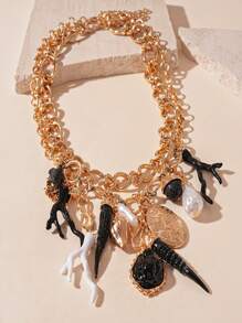 1 Set Collar multicapa con elementos de imitación de perla, cuerno, concha, tortuga marina, rana, diseñado para mujeres elegantes y de moda, adecuado para regalos, viajes y uso diario