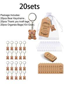 20 zestawów upominków na baby shower dla gości, breloki z misiami, podziękowania, etykiety Kraft, woreczki organzowe, upominki na przyjęcie w kształcie misiów, prezenty urodzinowe, chrzest, powrót do szkoły, przybory szkolne dla dziewcząt/chłopców, plecak, artykuły szkolne