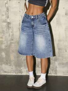 女士高腰百慕大牛仔短裤，时尚休闲宽松牛仔短裤 - 淺色水洗藍 - 查看 3