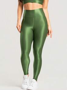 Women's Ribbed High Waist Shiny Premium Workout Fitness Leggings - Hijau - View 3