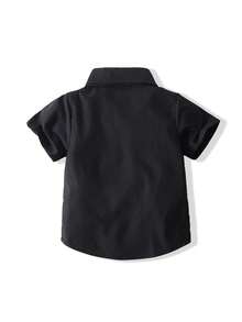 KIMOCAT White Casual Short Sleeve Collared Shirt For Toddlers, Summer - Black - View 2