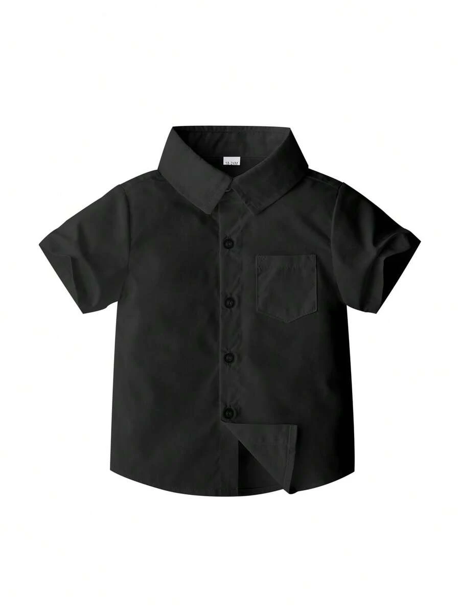 KIMOCAT White Casual Short Sleeve Collared Shirt For Toddlers, Summer - Black - View 1